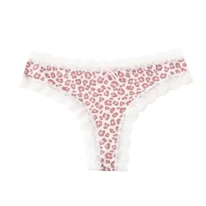 Tanga sexy rosa con stampa leopardato da donna con bordo in pizzo bianco e grazioso fiocco.