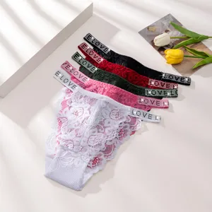 Tangas Sexy da Donna in Pizzo Traforato Con Fascia in Vita Con Lettere di Strass Traspiranti Comodi Slip a Vita Bassa Intimo