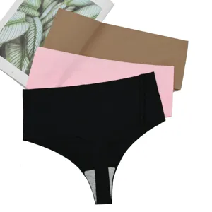 Women seamless ice silk high waist thong breathable solid color underwear 3 pack