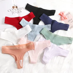 Women Low Waist Ribbed Thongs Seamless Breathable Solid Color Striped Panties Japanese Style Comfortable Lingerie Underwear For Ladies
