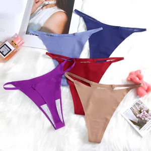 Detailed view of seamless ice silk thongs in multiple solid colors, soft breathable fabric.