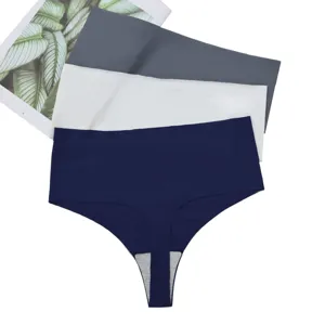 Seamless ice silk high waist thong detail view, comfortable stretch underwear for women.