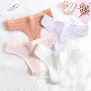 Women low waist ribbed thong solid color breathable comfortable underwear 4pcs pack