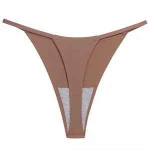 Seamless ice silk thong for women, minimalist low-waist sexy G-string in solid brown color.