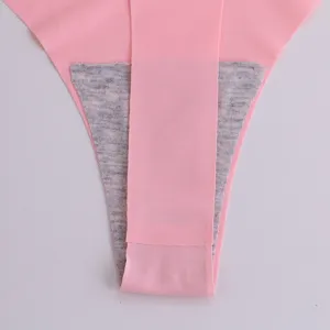 Seamless ice silk thong underwear detail view, soft and breathable fabric with comfortable crotch.