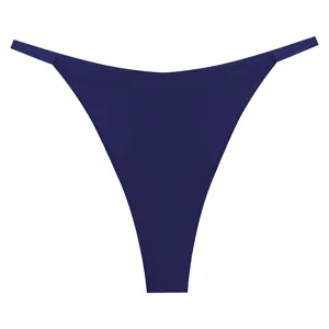Detailed view of women's seamless ice silk low-rise thong in solid dark blue, breathable fabric.