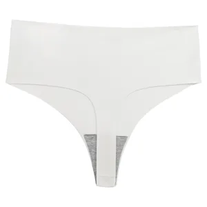 Detail view of women solid white seamless high waist ice silk thong underwear piece.