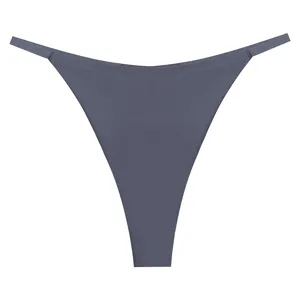 Detailed view of women solid color low waist seamless ice silk thong breathable sexy underwear.