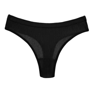 Close-up of black ribbed women's thong, featuring soft breathable fabric and comfortable low waist.