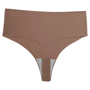 Detailed view of seamless high-waist ice silk thong underwear, breathable solid color fabric.