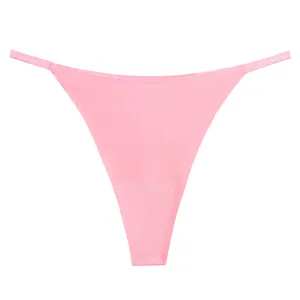 Close-up detail of women's pink seamless ice silk thong low waist underwear soft fabric