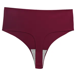 Close-up detail of high-waist seamless ice silk thong with breathable crotch lining.
