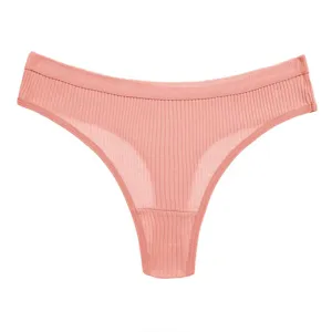 Women low rise ribbed thong pink solid striped breathable comfortable underwear detail display