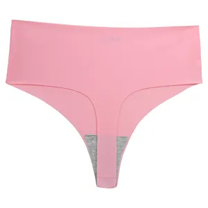 Detail view of pink seamless ice silk high-waist thong, soft breathable underwear with cotton crotch.