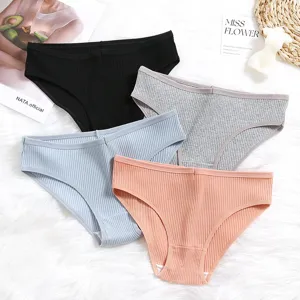 Women's low-waist ribbed panties set, comfortable solid color briefs in four classic colors.