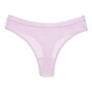 Comfortable ribbed thong for women, soft low-rise design in solid pastel pink underwear.