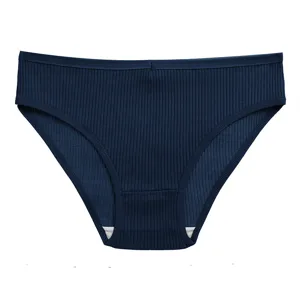 Comfortable dark blue ribbed women's underwear seamless low waist briefs daily wear solid color