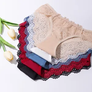Detailed view of women's floral lace panties with breathable cutout hollow design.