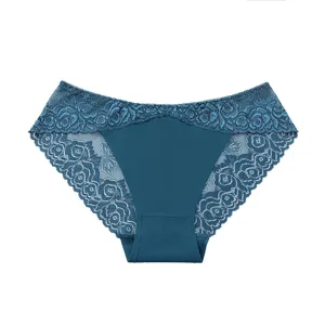 Women low waist lace panties sexy breathable semi transparent briefs dark blue underwear