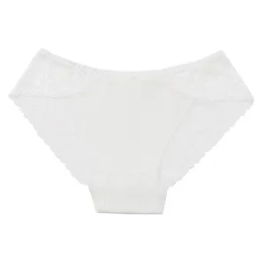 Close-up detail of white lace panties, breathable low-waist design with delicate floral lace.