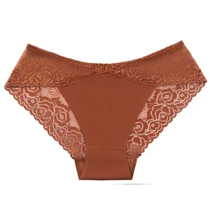 Women's low-rise lace cutout briefs, maple red breathable comfortable thong underwear