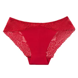 Red lace low-waist panties detail, sheer hollow-out feminine briefs, breathable floral design.