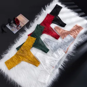 Sexy women lace thong underwear low rise floral hollow out string panties multi color pack.