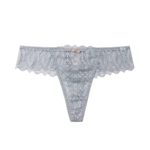 Detail view of women's grey lace thong, featuring delicate floral lace and cute bow accent.