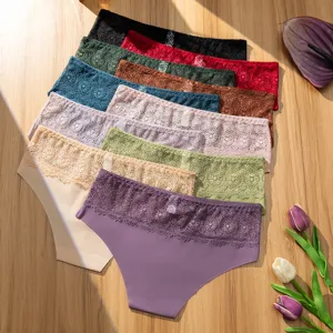Braguitas de encaje sin costuras para mujer transpirables cómodas cintura baja detalles.