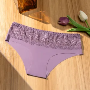 Sexy braguita de encaje para mujer talle bajo transpirable cómodo morado ropa interior