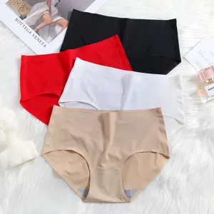 Women seamless ice silk solid mid waist briefs comfortable breathable daily wear underwear