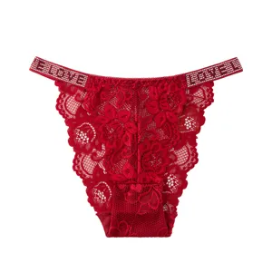 Tanga in pizzo rosso con strass per donna, slip a vita bassa traspirante con lettere brillanti.