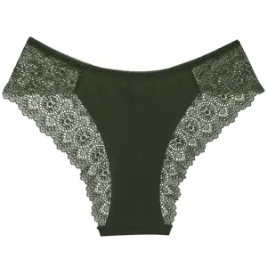 Bragas de encaje de tiro bajo verde oscuro para mujer, lencería sexy calada detalle.