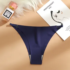 Seamless low-waist women ice silk thong with metal buckle detail, comfortable daily underwear.