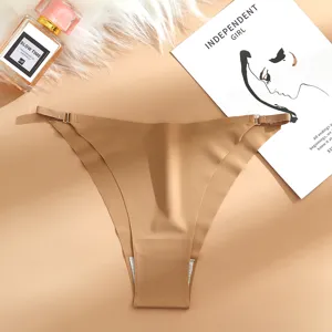Close-up detail of seamless ice silk women thong, low-rise nude panty with metal side adjusters.