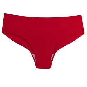 Women's seamless red ice silk briefs, comfortable breathable solid color underwear detail view.