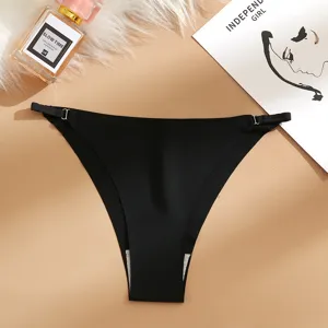 Women's low-waist ice silk seamless thong underwear with metal ring decorations.