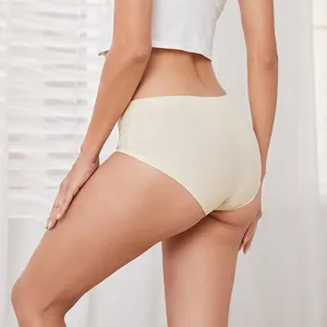 Women ice silk seamless mid-waist briefs solid color comfortable underwear main display view.