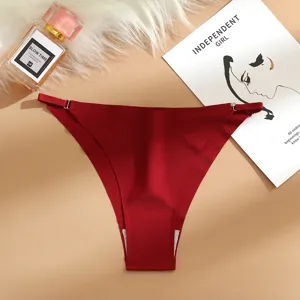 Details of red ice silk seamless low waist women thong underwear with metal buckle decoration.