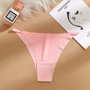 Pink seamless low-waist ice silk women's thong panties featuring delicate metal adjusters.