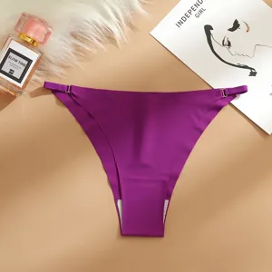 Women seamless purple low waist thong underwear with metal side rings and comfortable ice silk.