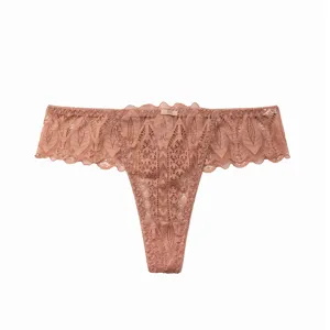 Detailed view of women floral lace thong showcasing exquisite fine strap and delicate trim.