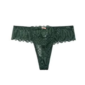 Dark green lace thong for women, sexy low-rise hollow-out underwear with cute bow detail.
