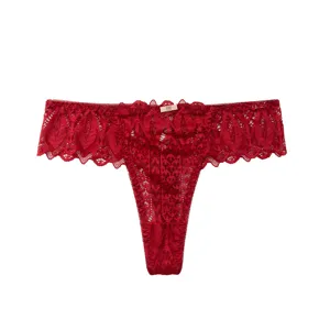 Red lace thong for women, sexy low rise floral hollow out design, comfortable lingerie.