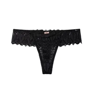 Black lace thong detail view, featuring delicate floral patterns, exquisite craftsmanship and design.