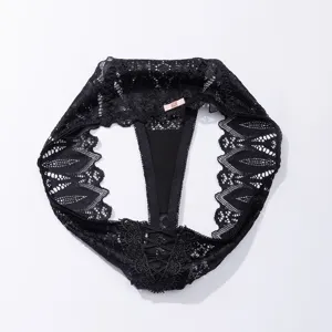Detailed shot of sexy black lace thong for women, featuring cross thin straps and hollow design.
