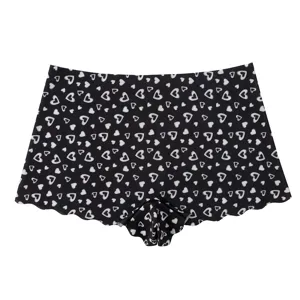 Shorty femme noir imprimé cœurs taille mi-haute respirant avec bordures dentelées.