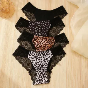 Mujer encaje cintura baja bragas conjunto leopardo corazon estampado sexy lenceria 4p