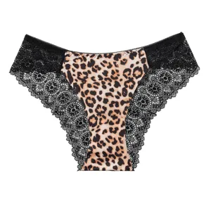 Braguita sexy de talle bajo para mujer con panel de leopardo y ribete de encaje negro.