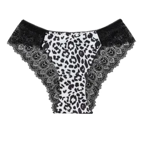 Vista detallada de bragas de talle bajo para mujer con laterales de encaje negro y leopardo.